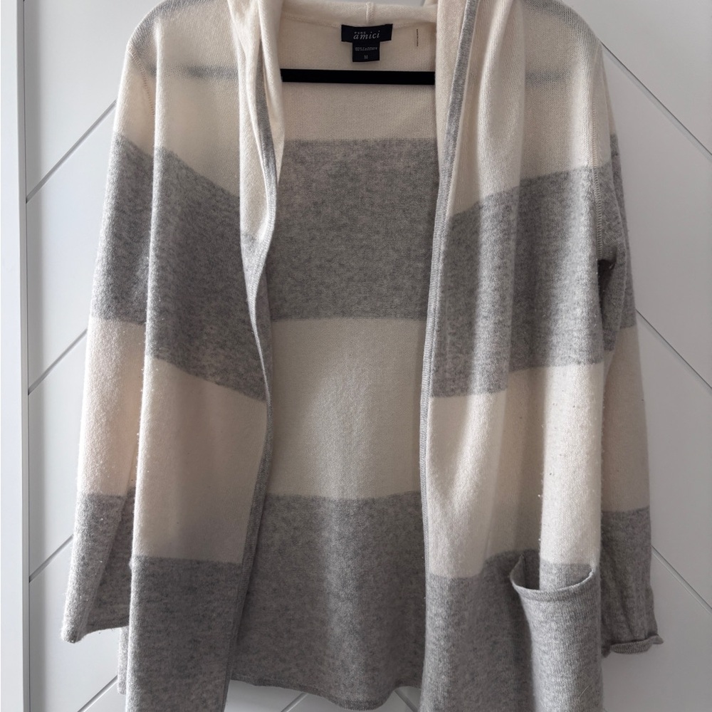 100% Cashmere Hooded Cardigan Striped Gray and Cream